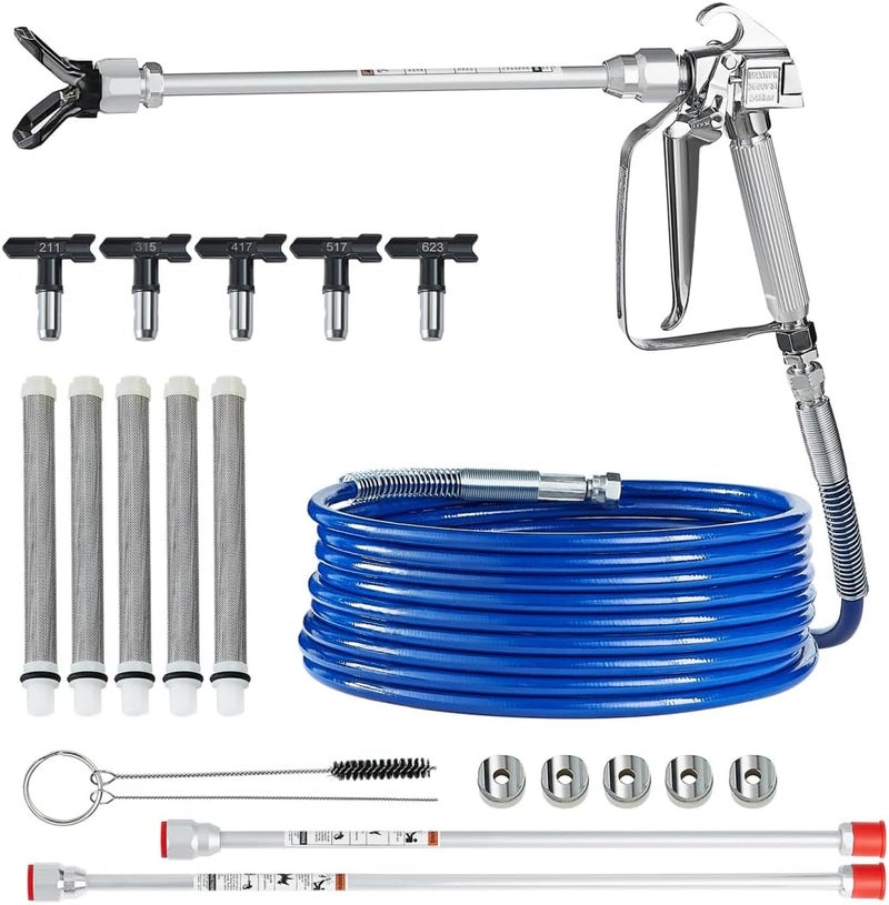 VEVOR Airless Paint Spray Gun and Hose Kit, 3600PSI High Pressure Paint Sprayer Hose Set with 5 Tips, 211, 315, 417, 517, 623, Swivel Joint Airless Spray Gun Kit with Filters, Hose and Extension Rods - Image 1